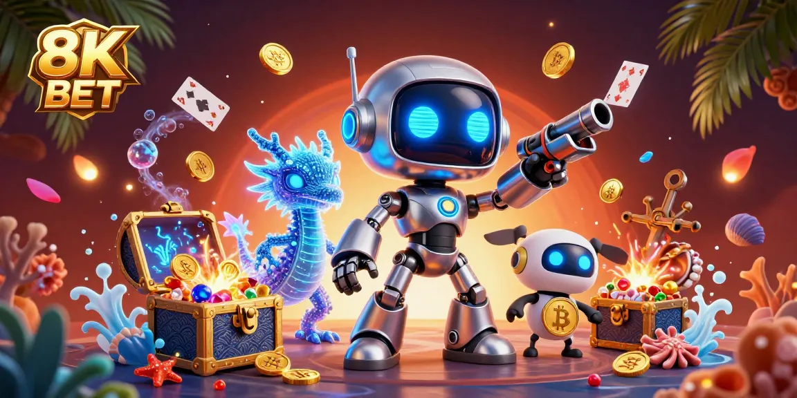 Engage with 8K BET’s vibrant casino adventure featuring a cyberpunk robot and digital elements.