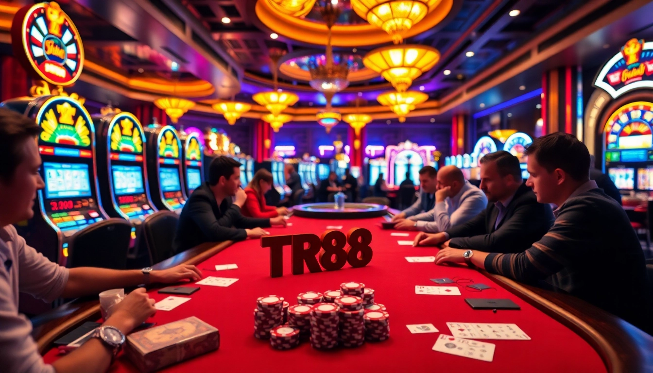 Players enjoying a high-stakes game at TR88 poker table in a luxurious casino atmosphere.
