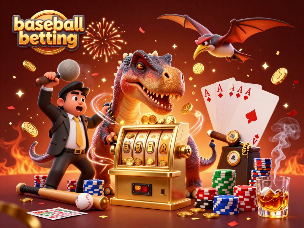 Experience exciting baseball betting action with a playful scene of a pachycephalosaurus jackpot and dynamic characters.