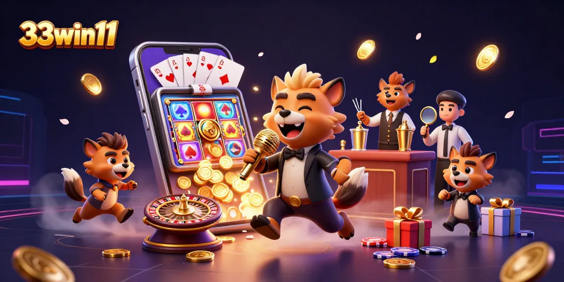 Experience the exciting 33win11 casino scene with hyenas engaging in fun gambling activities amidst vibrant game elements.