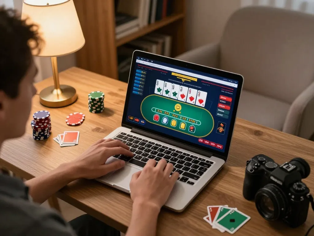 Players engaging in incakoin online gaming on laptop in a cozy home setting