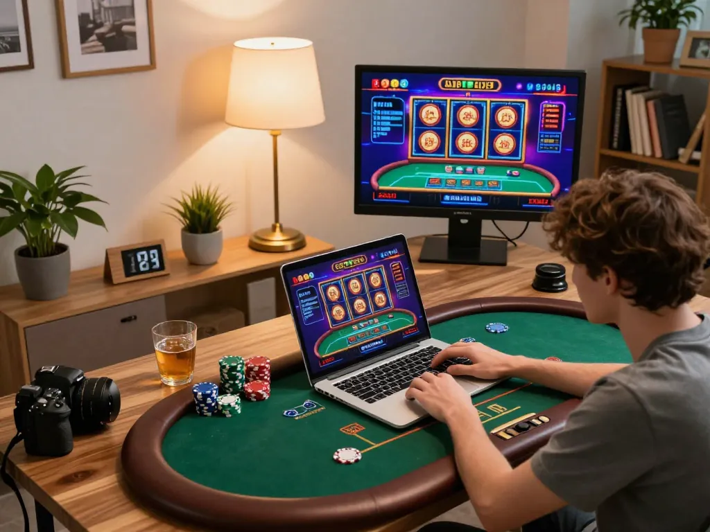 Engaging online gambling experience with VN23 app on a laptop, surrounded by chips and a drink.