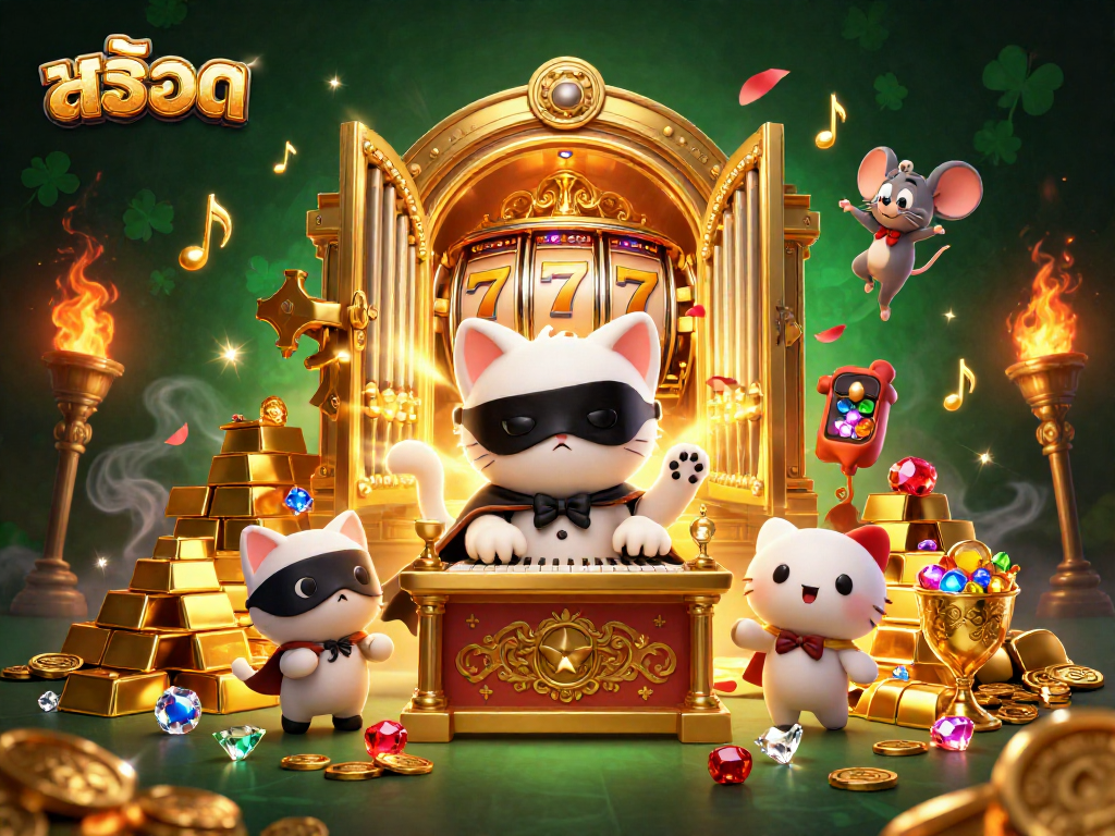 Spin the สล็อต reels with the phantom cat at a luxurious casino, treasures shining all around.