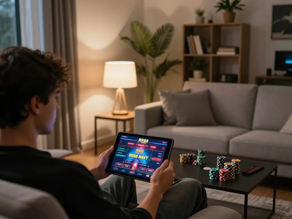 RR88 NAVY user engaging with online casino interface on a tablet in a cozy home setup