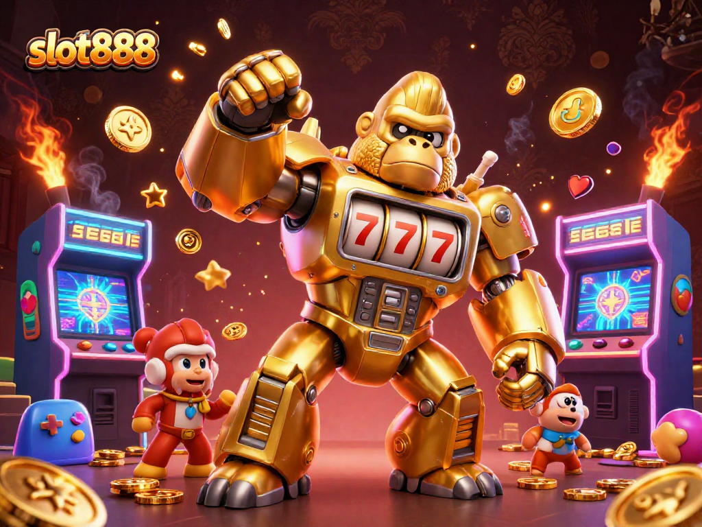 Slot888 hadir dengan kekuatan mesin slot dalam ilustrasi aksi menarik dengan karakter yang dinamis.
