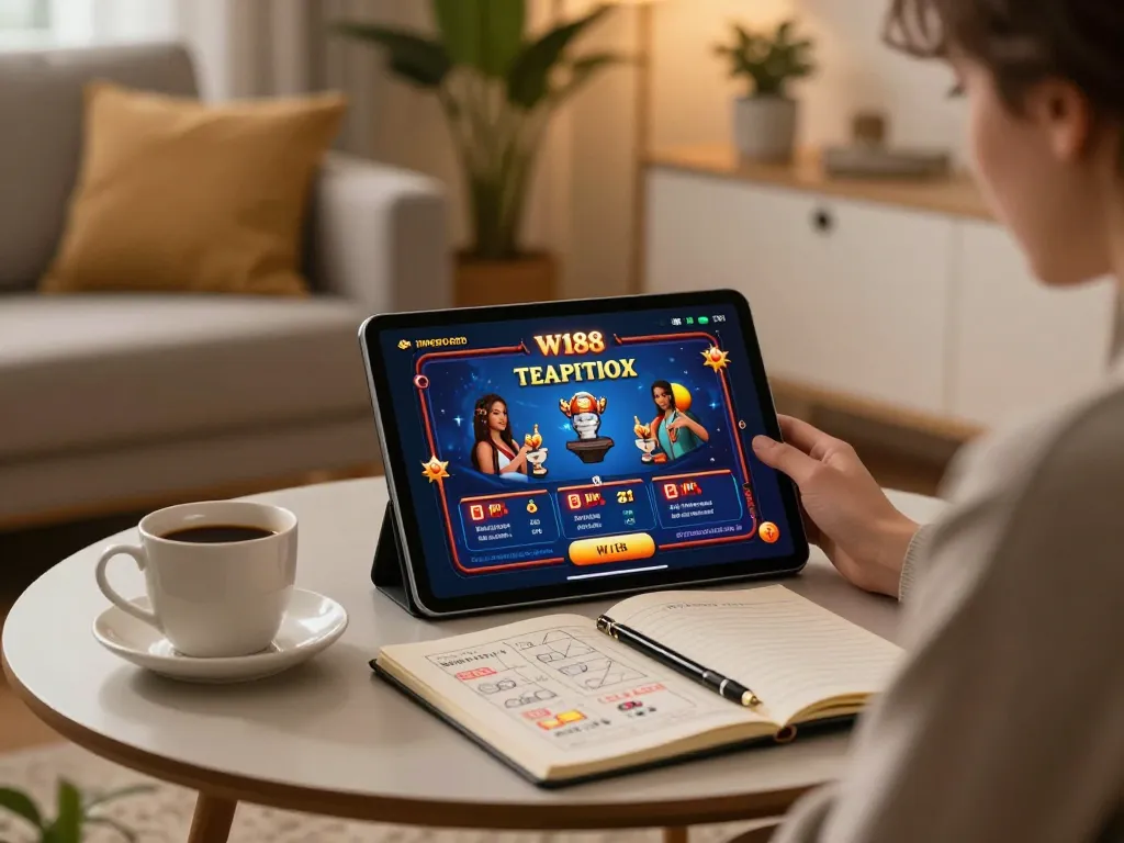 Engaging in online casino gaming on W188 platform while enjoying a cozy home atmosphere.