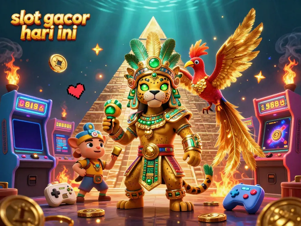 Play slot gacor hari ini with a vibrant scene featuring a Mayan jaguar priest and dazzling game elements.