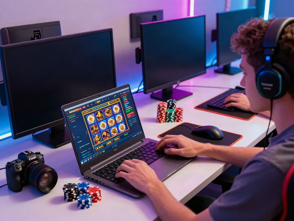 Engaging online gaming experience with akunjp slots on display and vibrant gaming accessories.