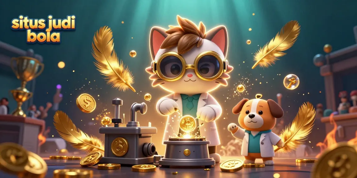 Win big in situs judi bola with our 3D cartoon scene featuring a scientist cat and dog in action.
