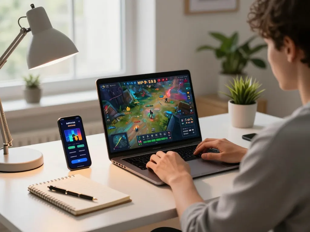 MPO08 player engaging with online gaming interface in a cozy home office.
