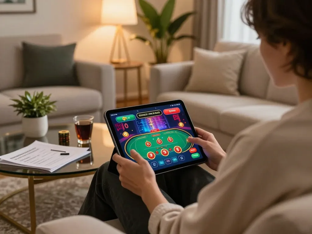 Person using phdream6268 casino app on a tablet for online gaming in a stylish home