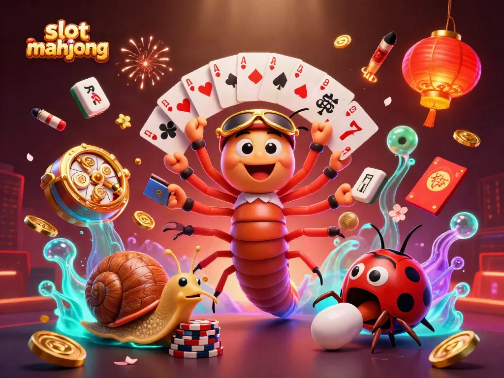 Experience slot mahjong excitement with a cartoon dealer and high-rolling characters amidst vibrant casino elements.