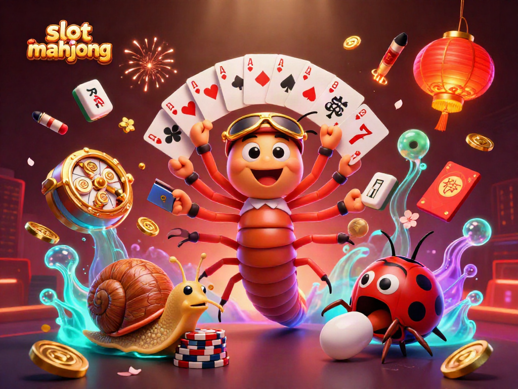 Experience slot mahjong excitement with a cartoon dealer and high-rolling characters amidst vibrant casino elements.