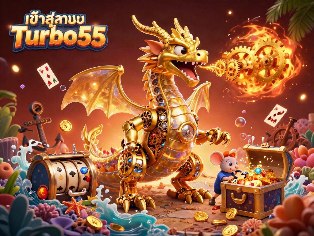 Engage in exciting gaming with เข้าสู่ระบบ Turbo55, featuring a golden dragon amidst 3D casino elements.