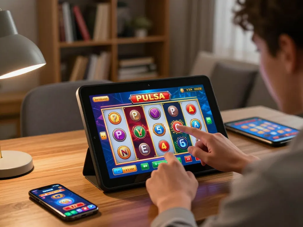 Bermain permainan slot pulsa menggunakan perangkat mobile di ruang tamu yang nyaman.