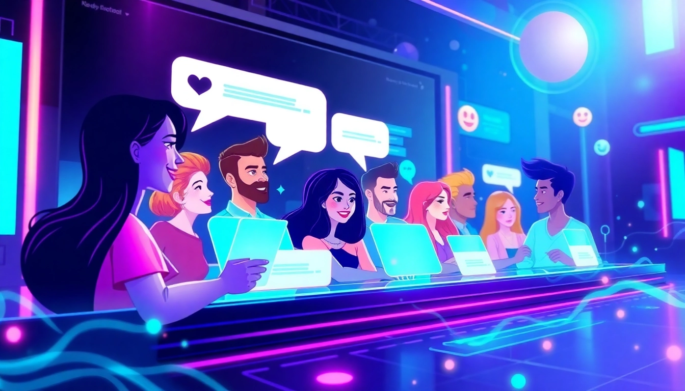 Spicychat interactive chat platform with diverse avatars in lively conversations.