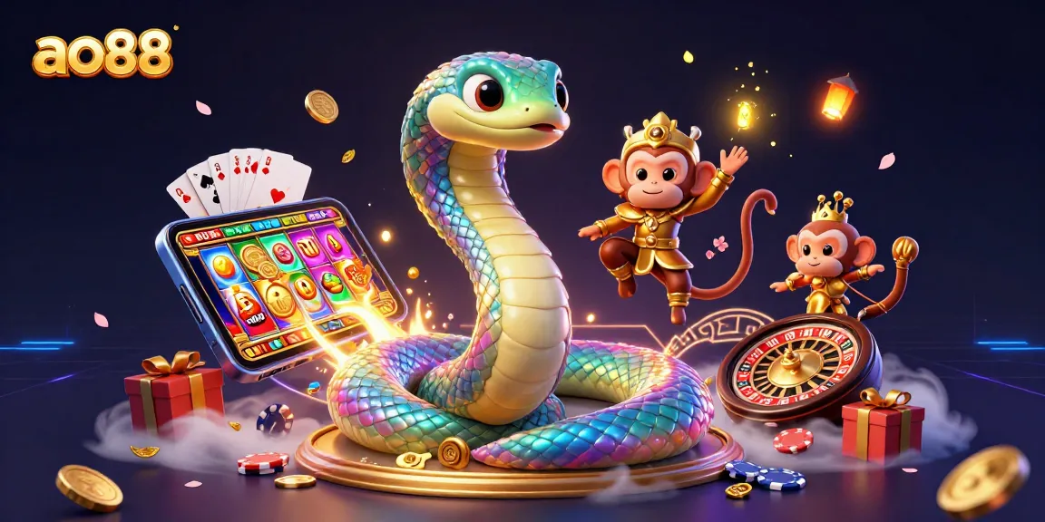 Play and win at ao88 with vibrant casino-themed illustration featuring a rainbow serpent and monkey king.