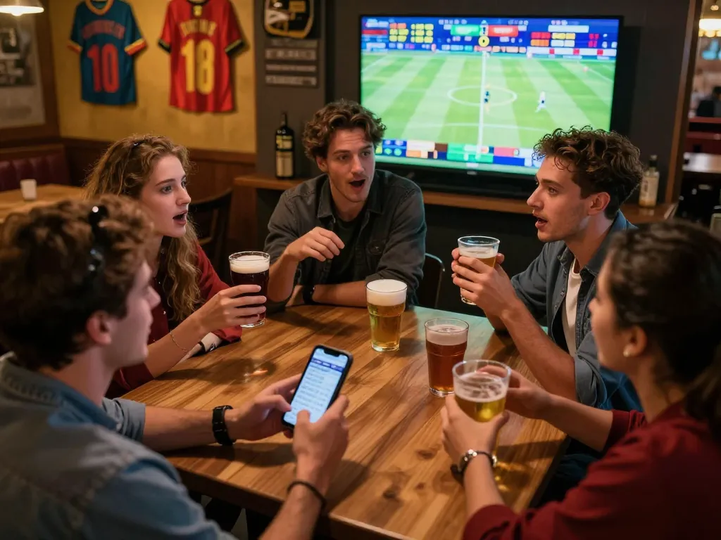 Friends engaging in sports betting while watching a game, showcasing the thrill of kèo nhà cái.