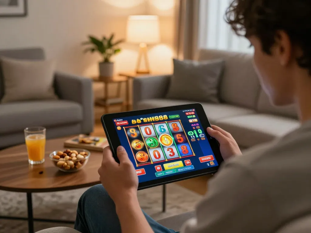Engaging in the dash88 slot game on a tablet within a cozy home setting, focusing on online gambling strategies