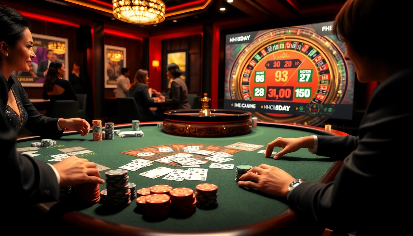 Exciting casino scene at NHÀ CÁI 8DAY with poker chips, cards, and dynamic betting action.