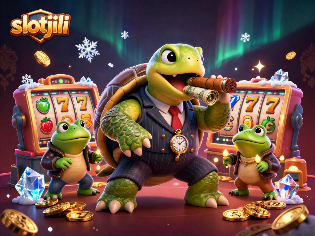 Experience thrilling gameplay with slotjili, featuring a snapping turtle in a casino-themed 3D illustration.