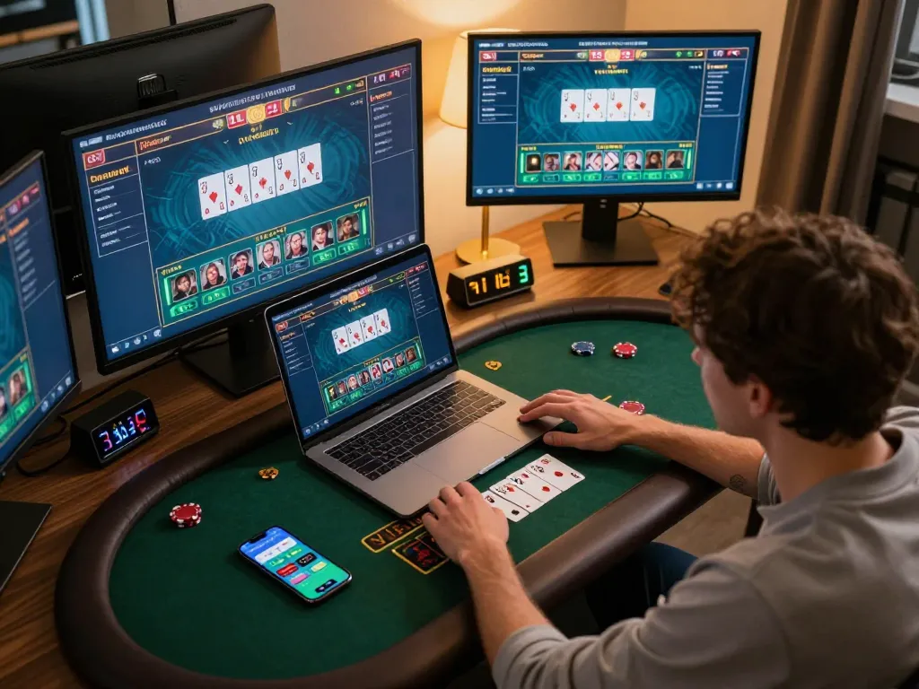 Player strategically engaging with aa88i online live dealer blackjack on laptop in stylish home setup.