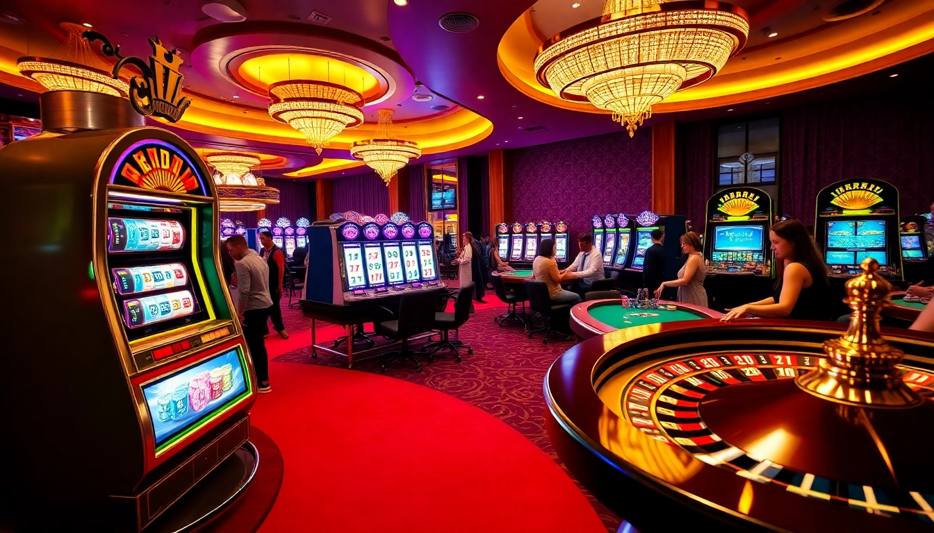 Exciting players engaging with slot machines in a luxurious casino setting.