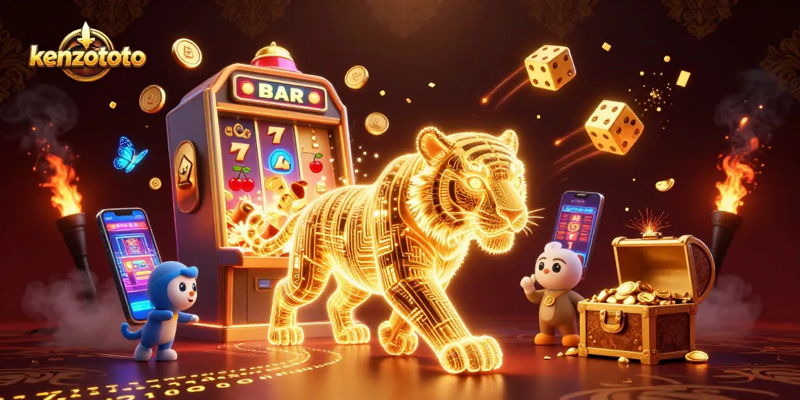 Experience winning with kenzototo as a futuristic golden tiger dominates a vibrant digital casino landscape.