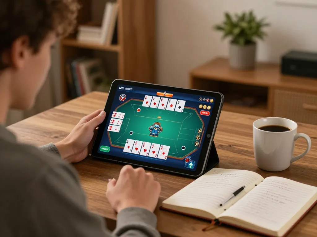 Engaging user playing pokerseri online poker on a tablet, showcasing a strategic home gaming setup with notes