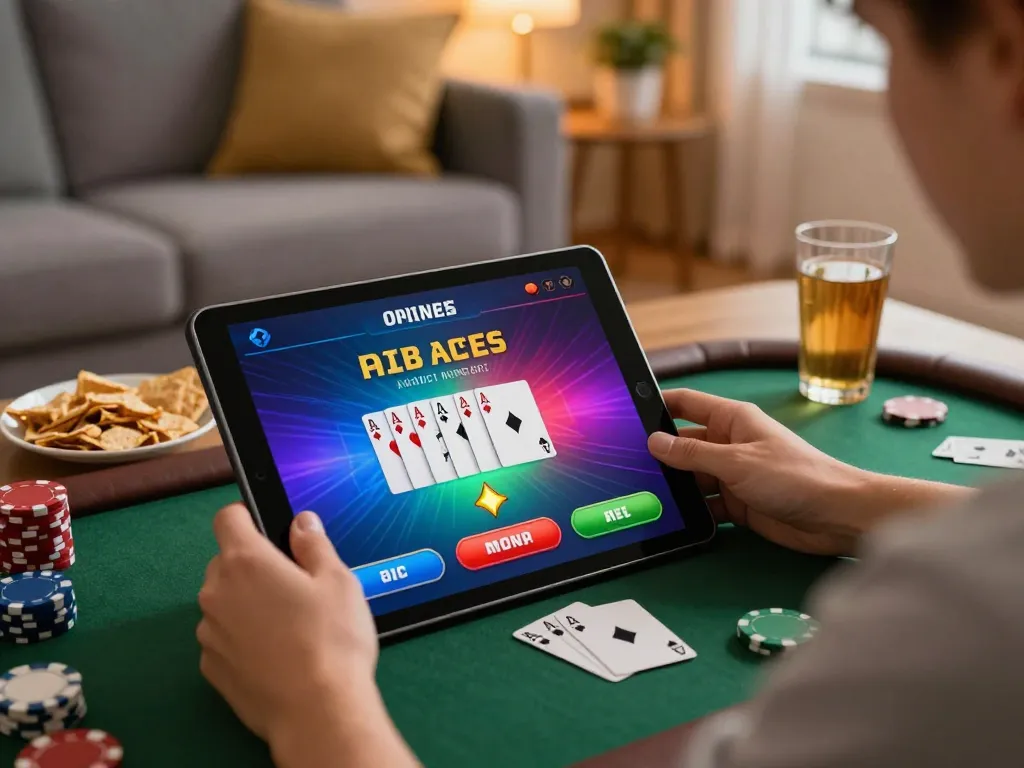 Player enjoying exciting poker action on vipwin tablet in a cozy home setting
