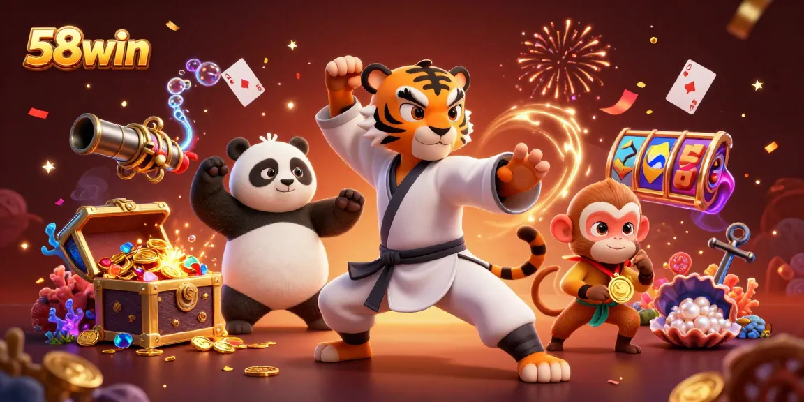 58win brings together dynamic cartoon characters in a casino-themed underwater scene filled with treasure and excitement.