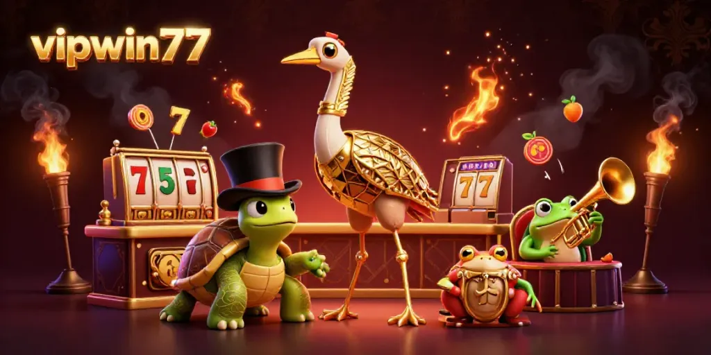 Engage with vipwin777's thrilling 3D casino scene filled with lively characters and vibrant slot game elements.