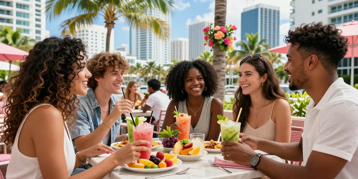 Teman-teman menikmati waktu di kafe luar ruangan di Miami, berbagi kebahagiaan dengan suasana cerah yang menggambarkan https://miami4d.com/.