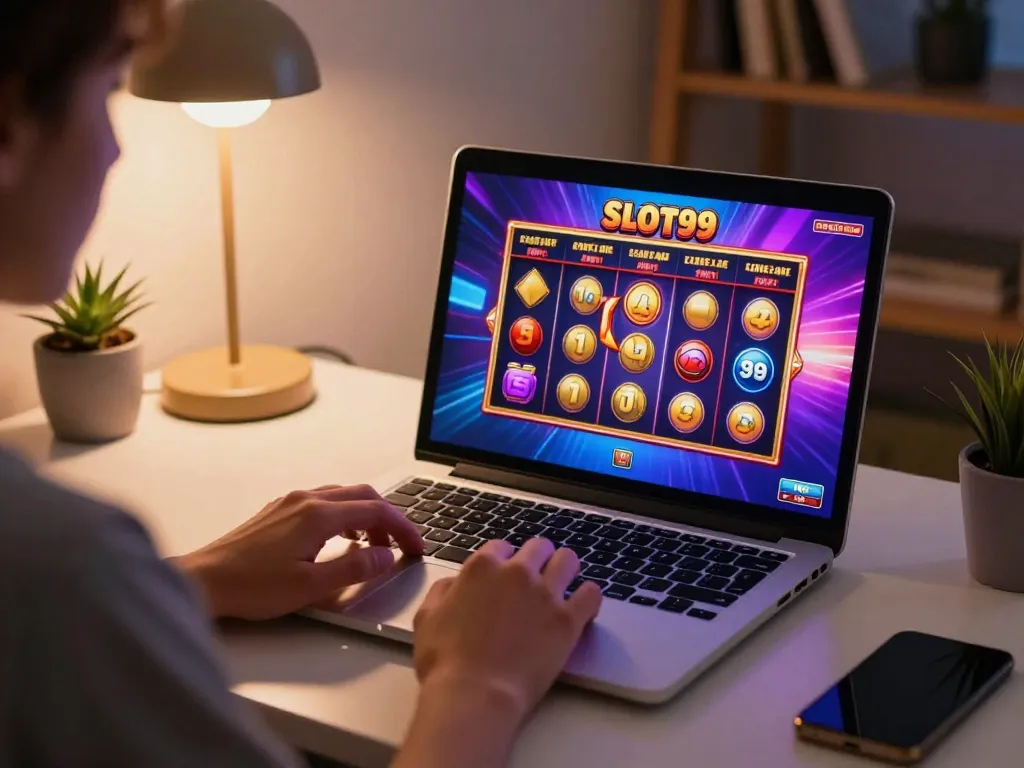 SLOT99 online gaming session on a sleek laptop, showcasing exciting slot games and warm ambiance.