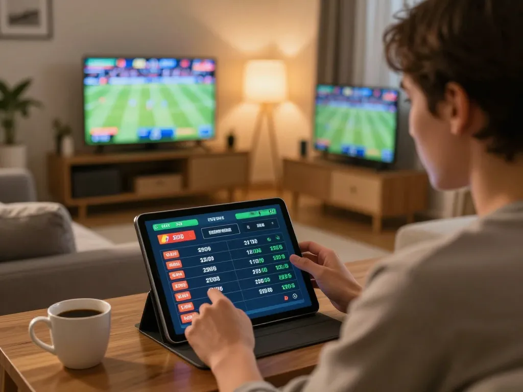 Person using a tablet for betting on nowgoal with vibrant sports events in the background.