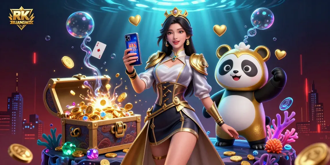 Engage with RUANGWD at an exciting casino scene featuring a woman with a smartphone and a panda mascot.
