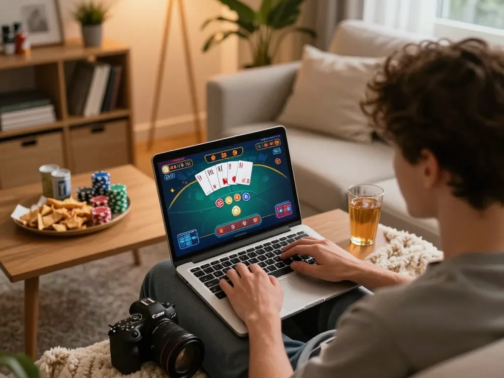 PHTAYA player engaged in an online poker game at home with cozy atmosphere and snacks