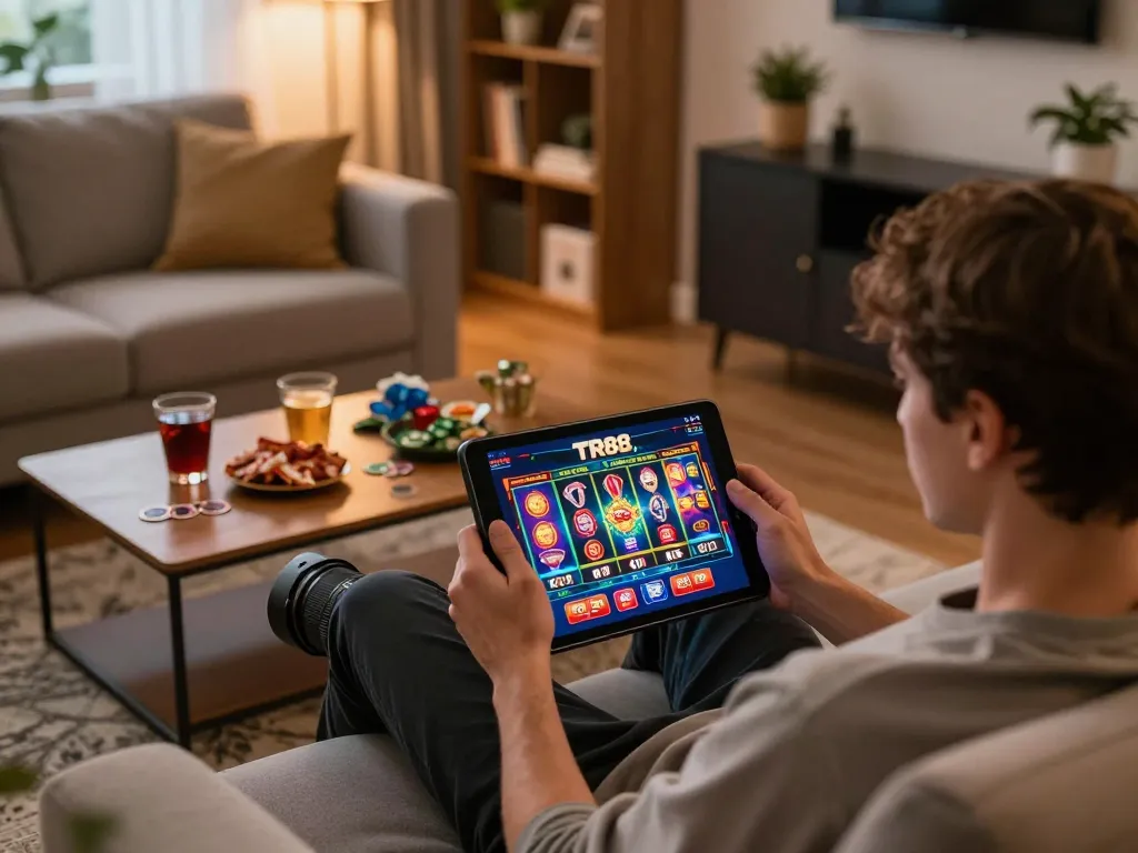 Engaged in online gaming with the TR88 app on a tablet, showcasing the excitement of virtual slot machines.