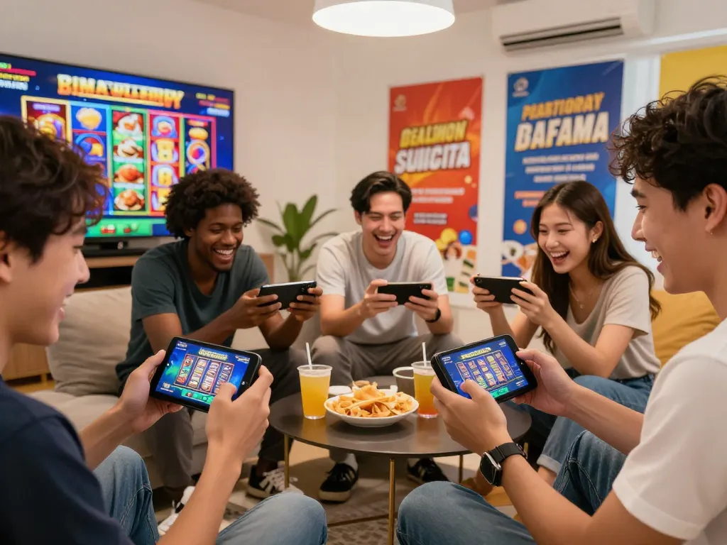Friends enjoying mobile gaming experience on trang chủ af88 with colorful graphics and promotional offers.
