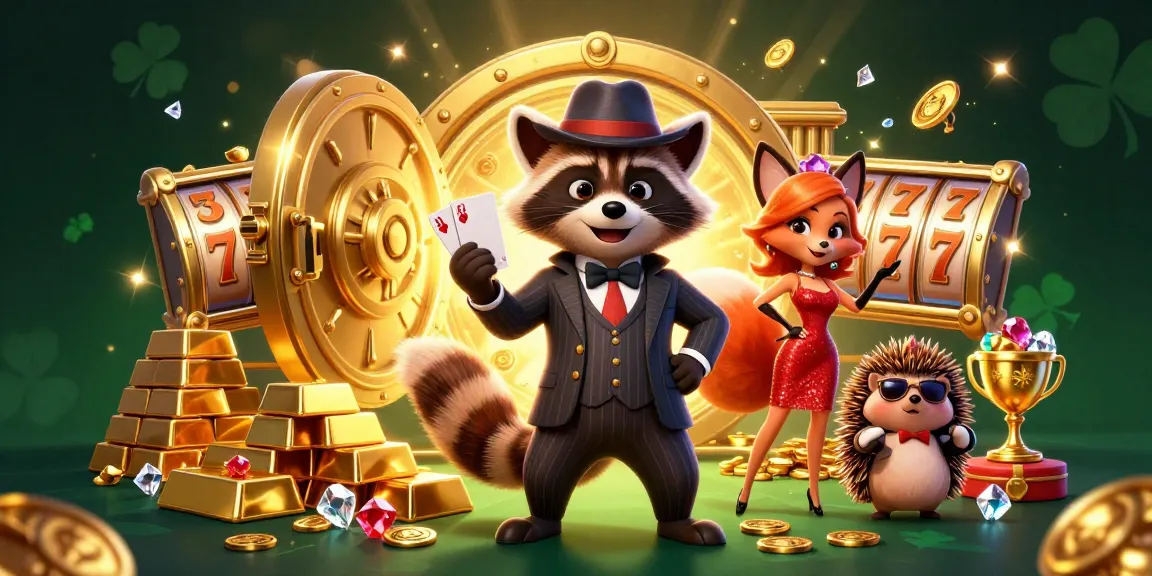 Engage with slot 777 in a vibrant casino scene featuring raccoons, foxes, and hedgehogs amidst golden treasures.