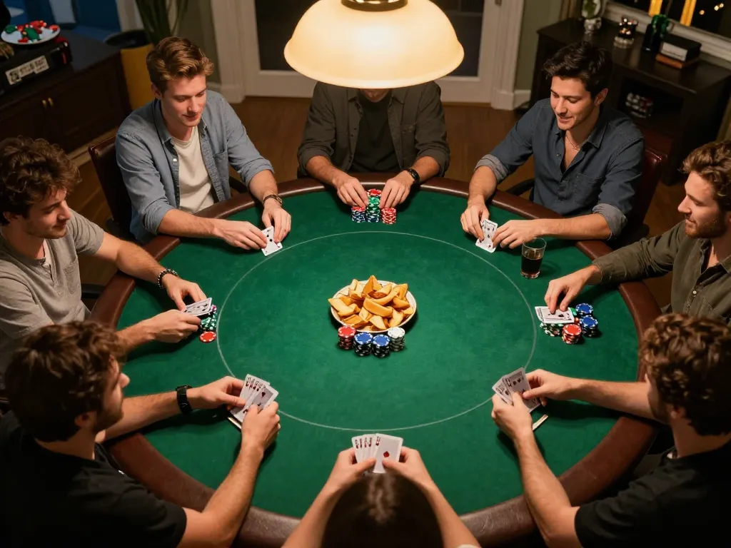 Friends enjoying a lively poker night at home while participating in go8 card games, showcasing colorful chips and cozy lighting.