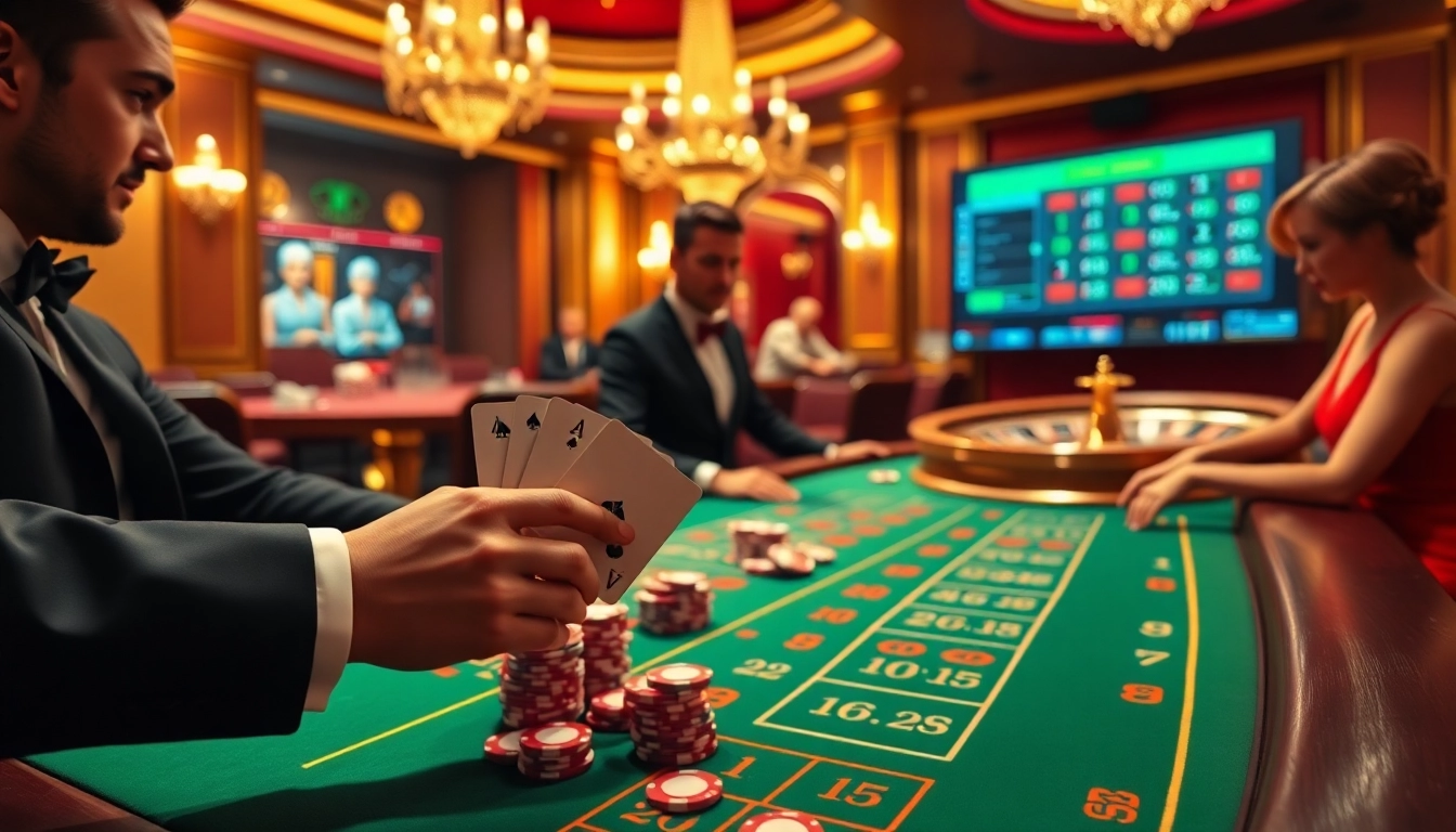 Bongdalu casino scene showcasing an exciting baccarat game with players and chips, highlighting the thrill of gambling.