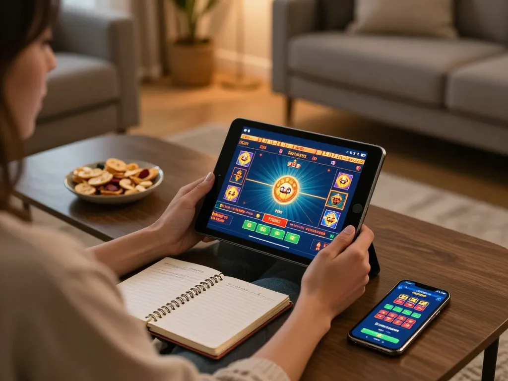 Engaged player enjoying online gaming on mk8th.net, showcasing a cozy home atmosphere with strategy notes.