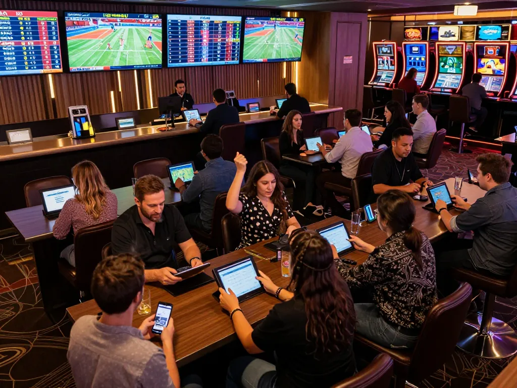 Engaged bettors exploring F8BET sports options in a lively lounge atmosphere.