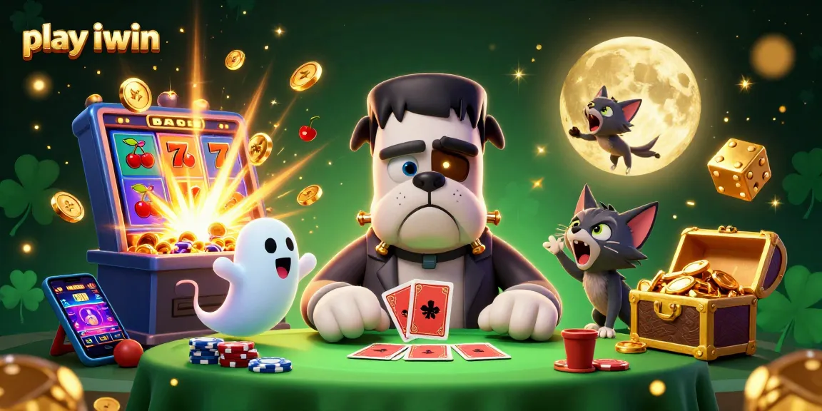 Engage in thrilling games at play iwin as Frankenstein bulldog deals cards with vibrant casino elements.