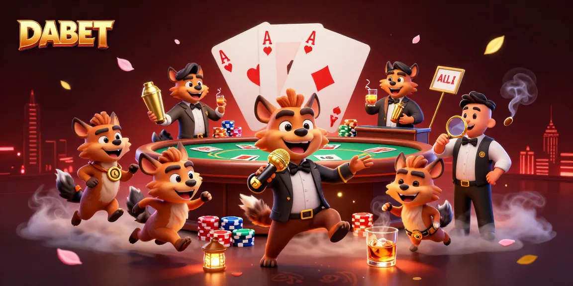 DABET showcases a 3D hyena casino scene with comedy, drinks, and poker excitement