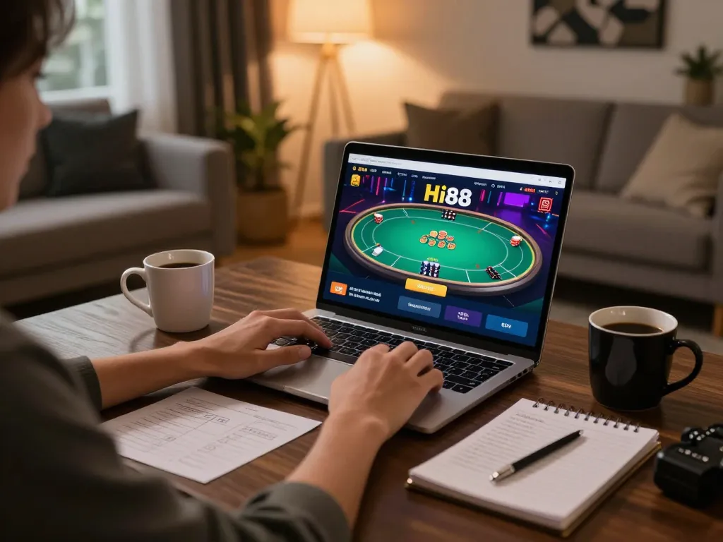 Engaging with Hi88 online poker game in a stylish home setting.