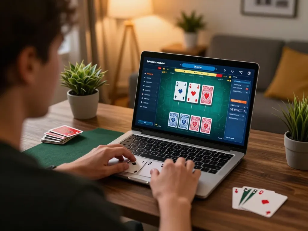 IDCASH88 player focused on blackjack strategy using laptop in stylish home office setting.