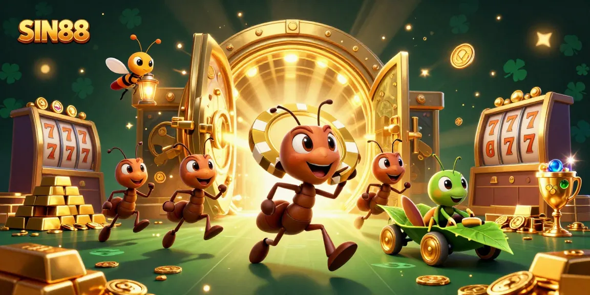 SIN88 captures a thrilling casino heist with animated ants, gold poker chip, Slot game elements.