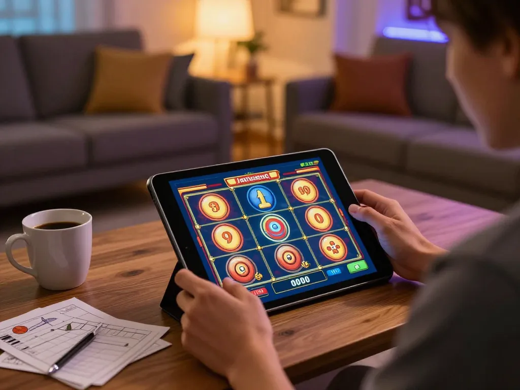 Engaging in an SC 88 slot game on a tablet in a cozy living room setting.